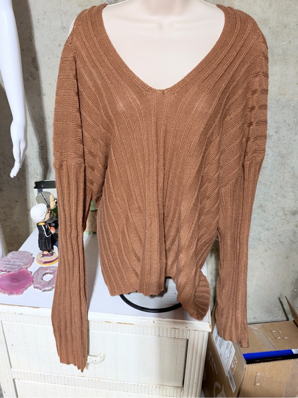 SHEIN Brown Ribbed Knit Crew Sweater